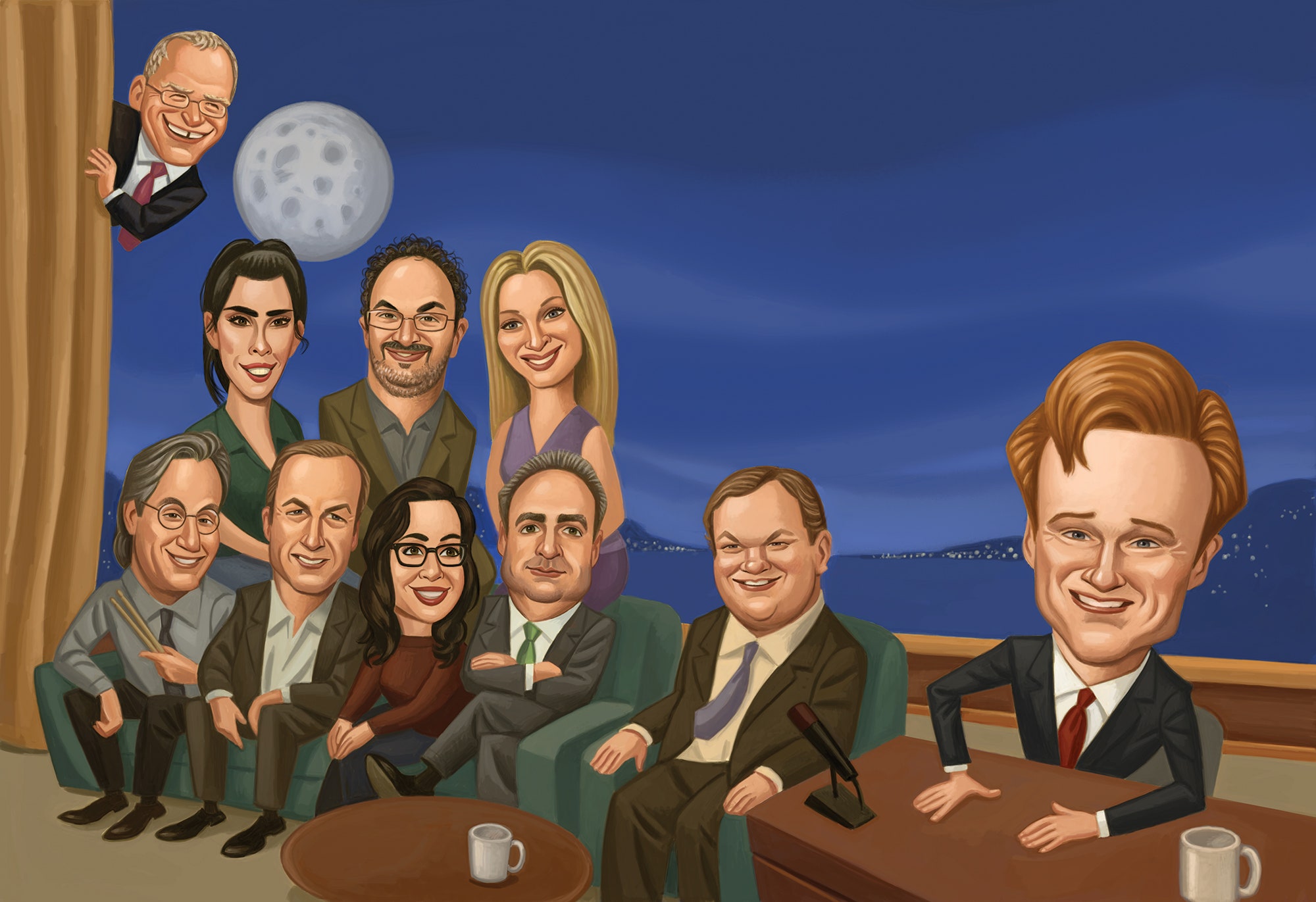 Illustration of Conan O'Brien and guests.